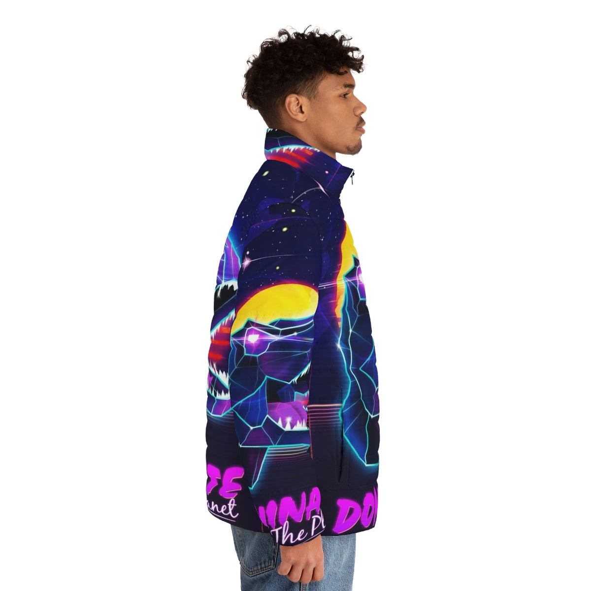 Electric Jurassic Rex Puffer Jacket with Retro Cyberpunk Aesthetic - men side right