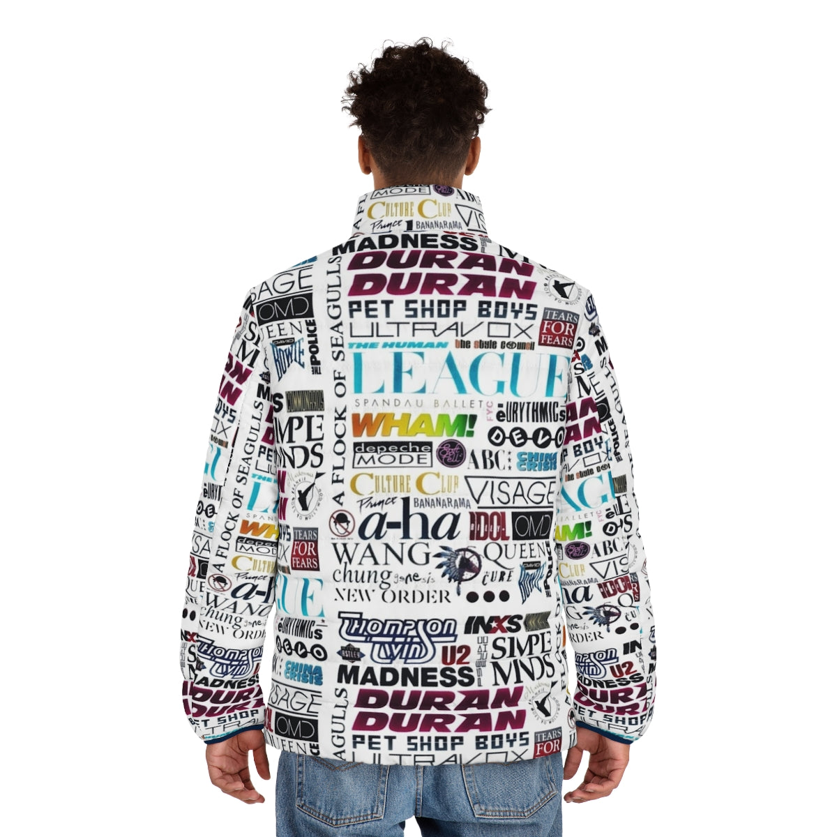 Retro 1980s-inspired puffer jacket with pop music logo design - men back