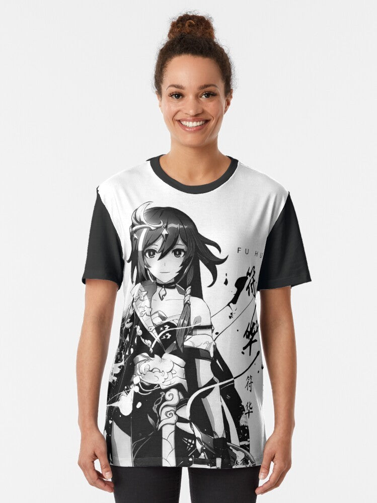 A dark graphic t-shirt featuring the Herrscher of Sentience, Kiana Kaslana, from the Honkai Impact anime-inspired game. - Women