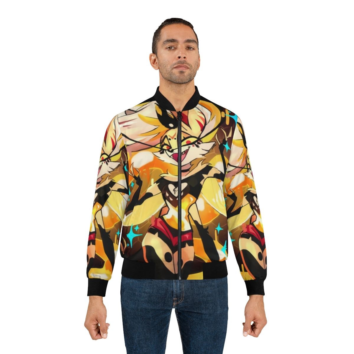 Beelzebub Helluva Boss bomber jacket featuring a fierce, badass design with a bee, honeycomb, and fiery elements. - Lifestyle