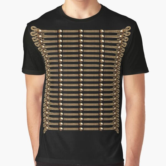 Hussar uniform graphic on a t-shirt with a focus on the Napoleonic-era military history.