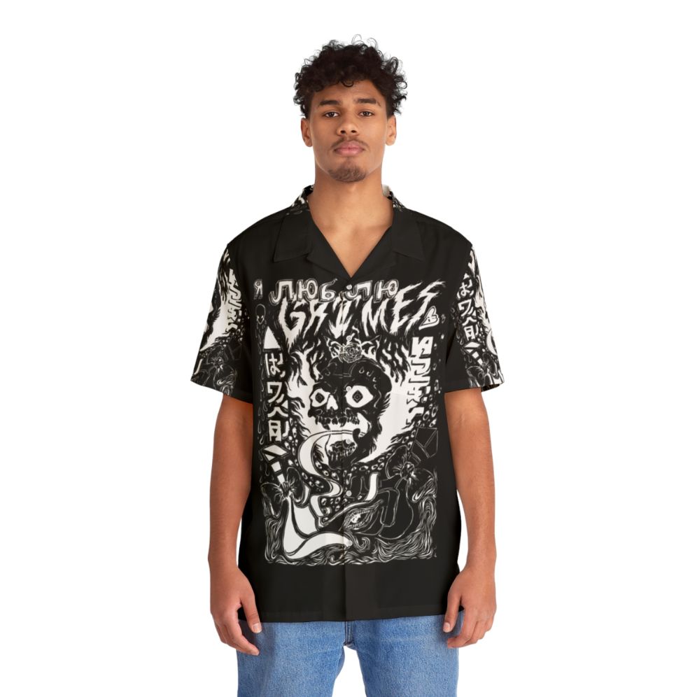 Grimes Visions Occult Hawaiian Shirt in Black and White Aesthetic - People Front