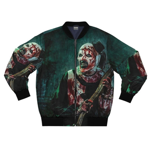 Terrifier 2 Bomber Jacket featuring Art the Clown, a scary horror movie character