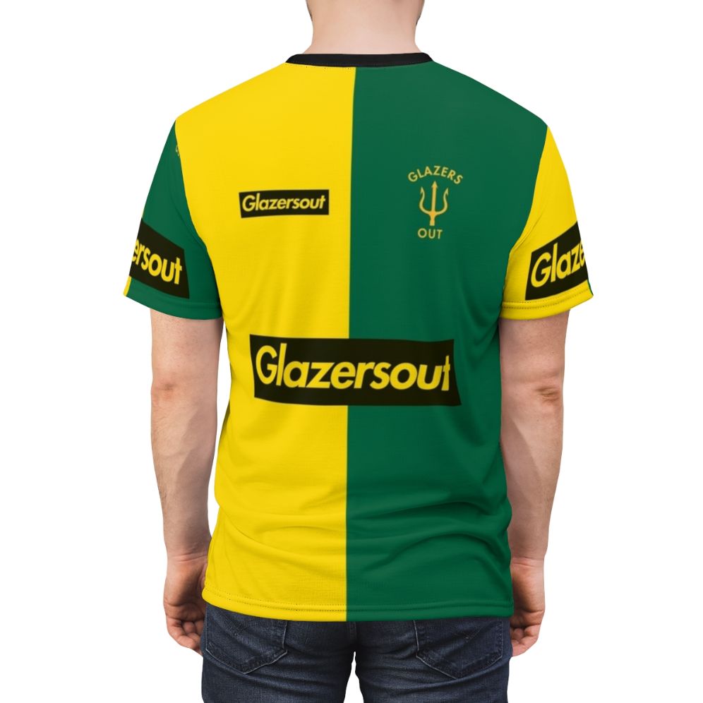 Unofficial Manchester United protest t-shirt featuring Glazers Out design in yellow and green colors. - men back