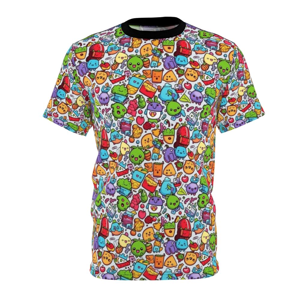 A colorful and trendy graphic t-shirt featuring a vibrant, hobby-inspired design with playful animals, fruits, and abstract patterns.