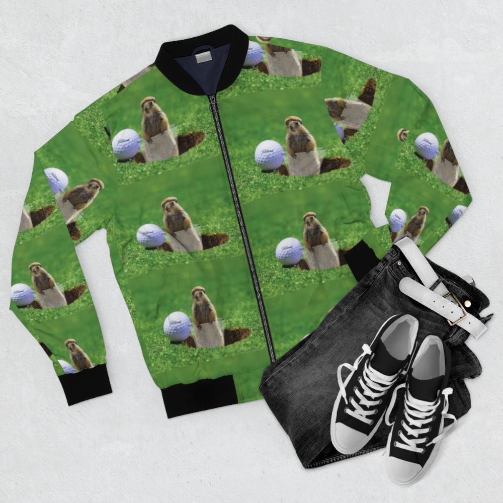 Cute and funny anthropomorphic gopher wearing a golf bomber jacket on a green grass background with golf balls and a shot glass. - Flat lay