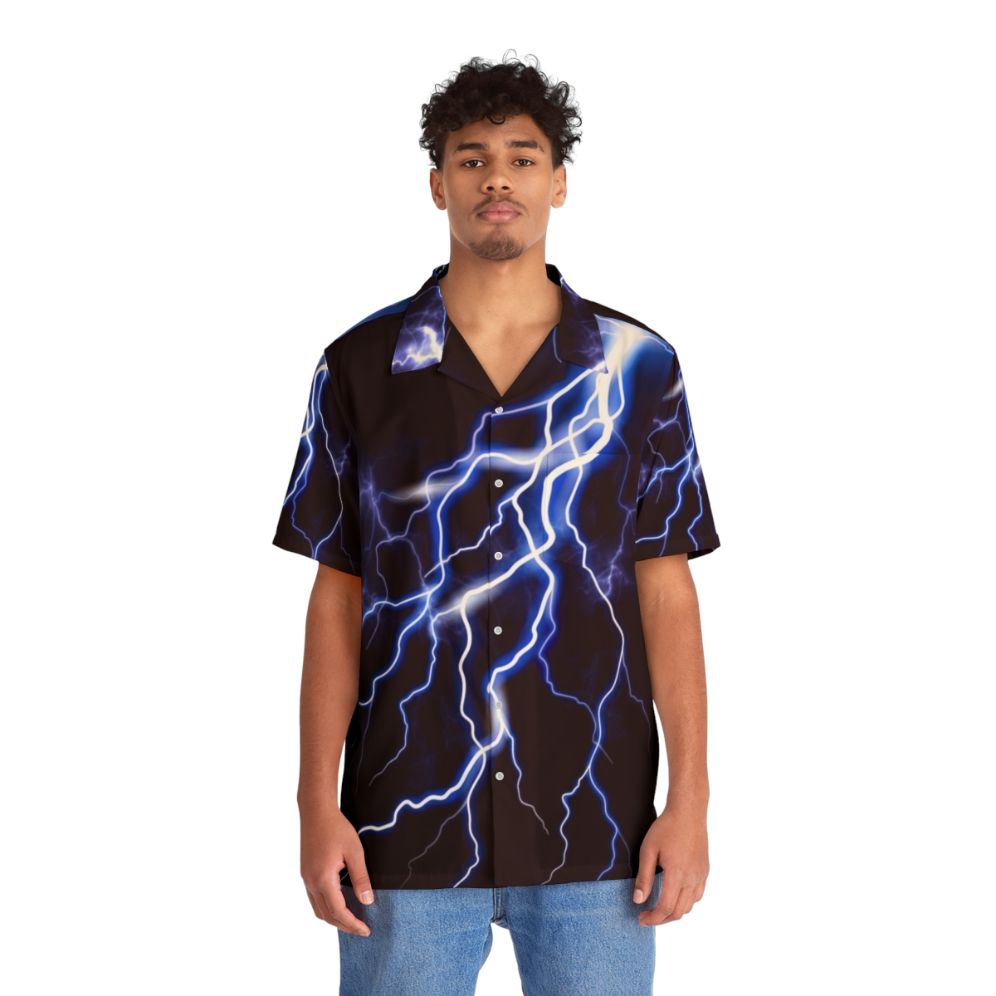 Blue thunder and colorful lightning graphic design on a Hawaiian shirt - People Front