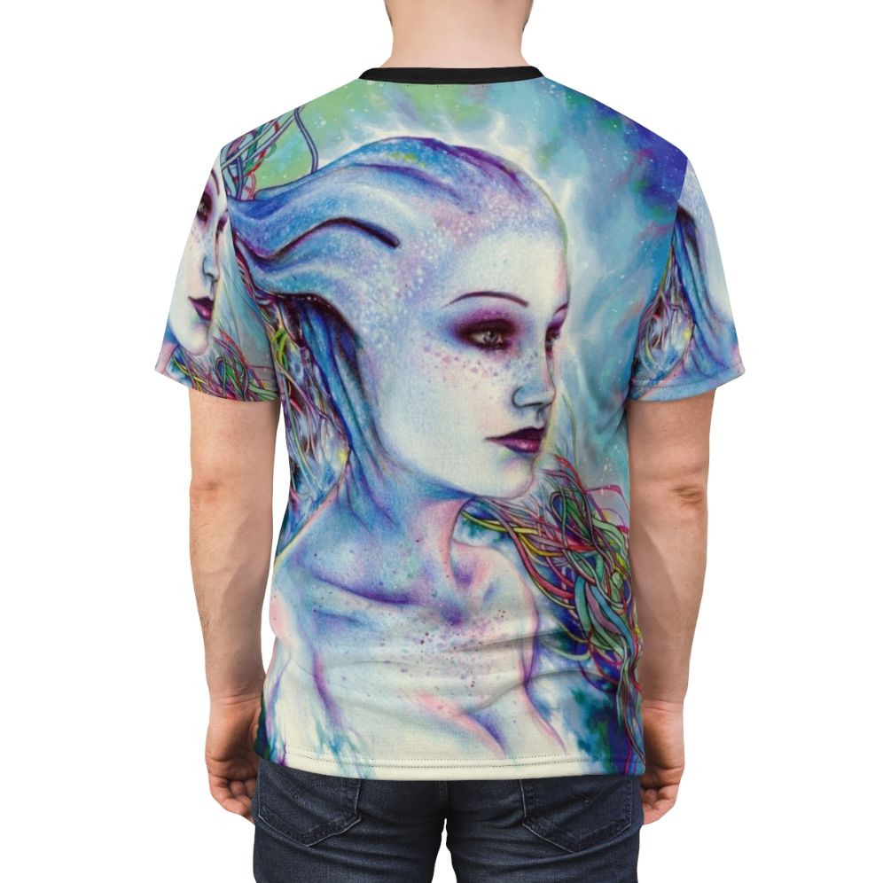 Mass Effect inspired Liara T'Soni t-shirt featuring a vibrant all-over print design - men back