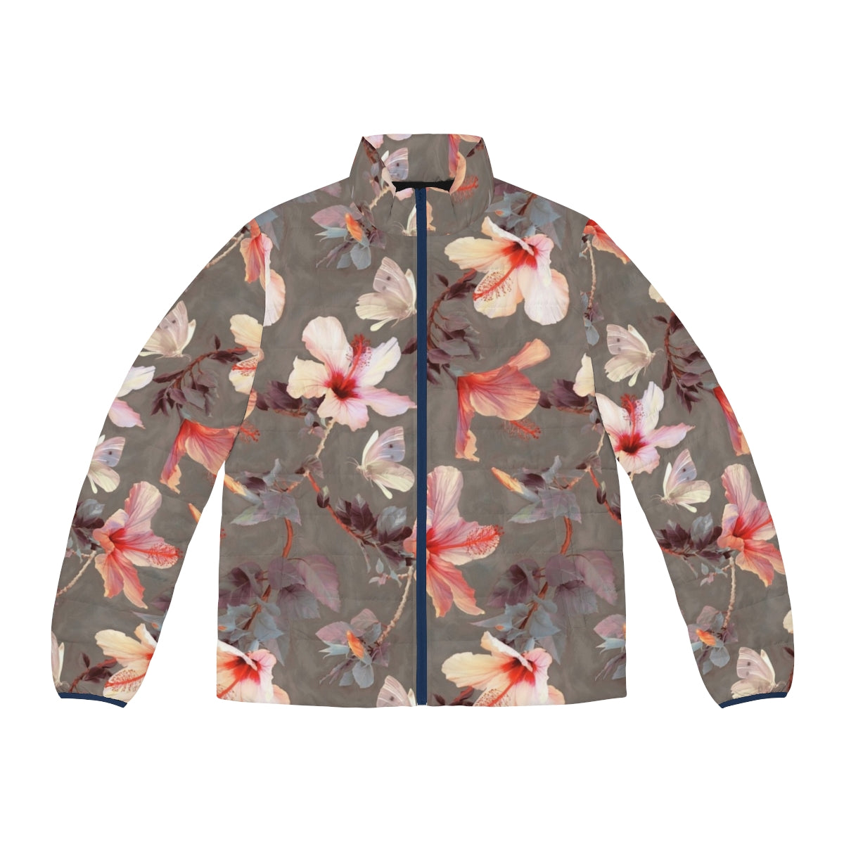 Coral hibiscus floral puffer jacket with tropical butterfly pattern