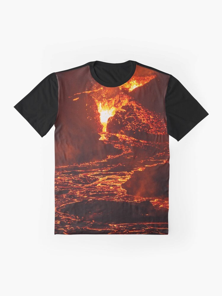 Graphic t-shirt featuring a lava crater flow at night in Iceland on April 20th, 2021 - Flat lay