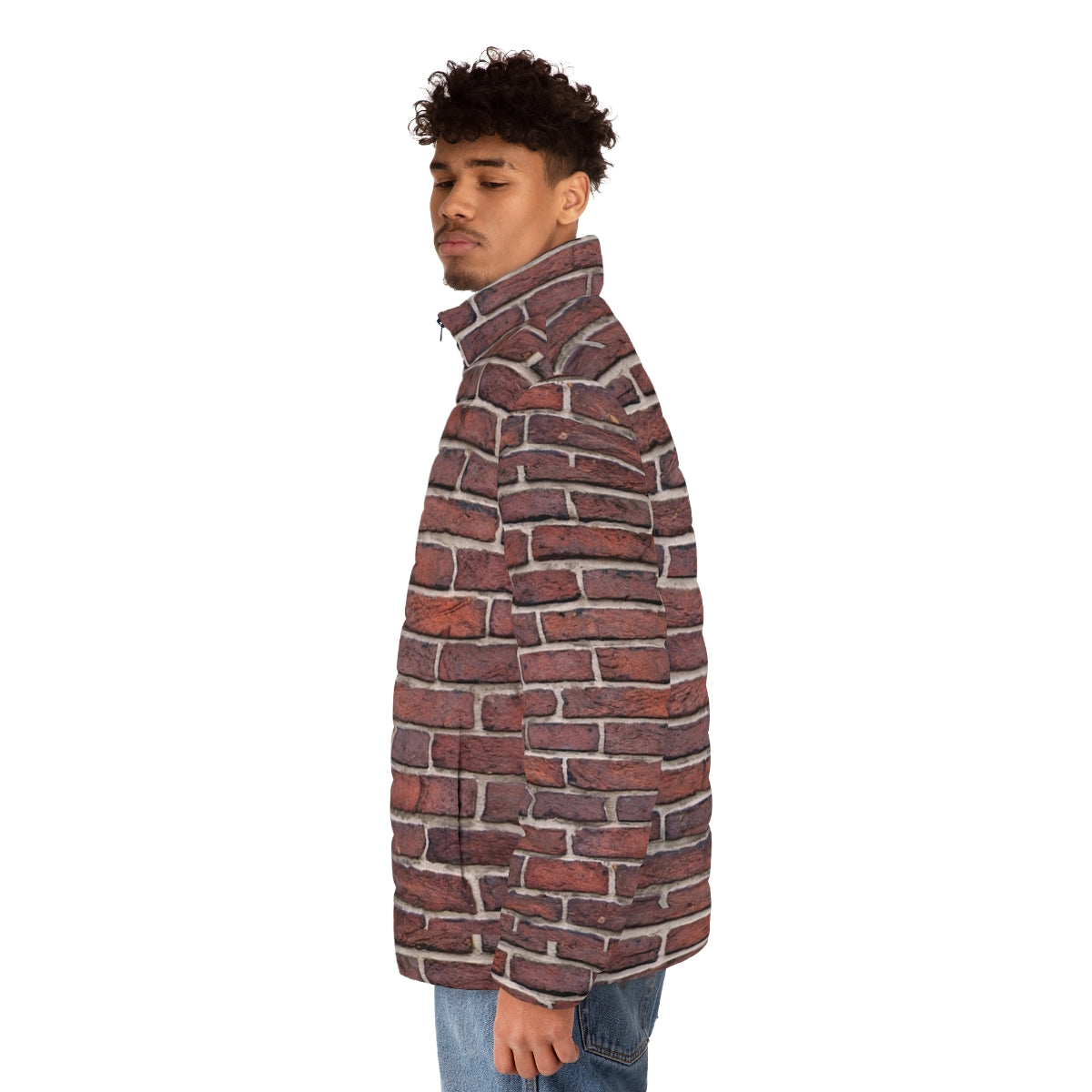 Brick Wall Puffer Jacket with Red Brick Wall Texture and Grunge Design - men side left