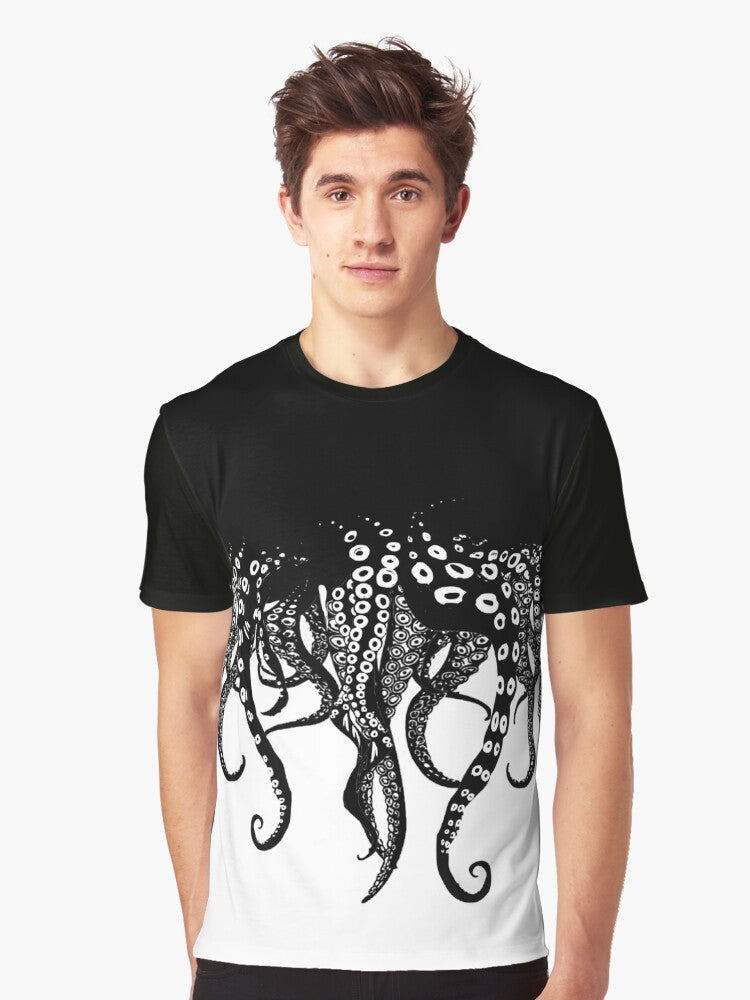 A black and white graphic t-shirt featuring a mysterious tentacled creature symbolizing the passionate and intimate embrace of love. - Men