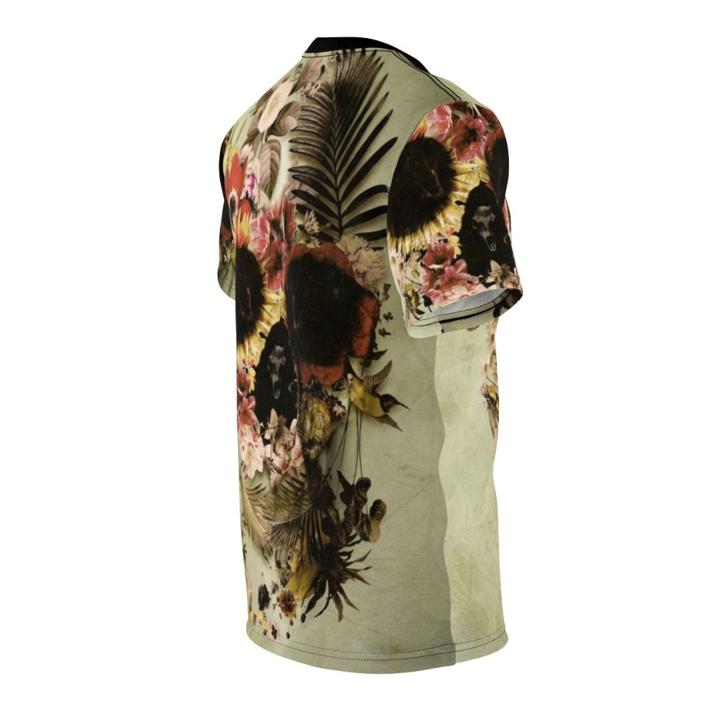 Artwork featuring a skull design with floral and nature elements, showcased on an all-over print t-shirt. - men right