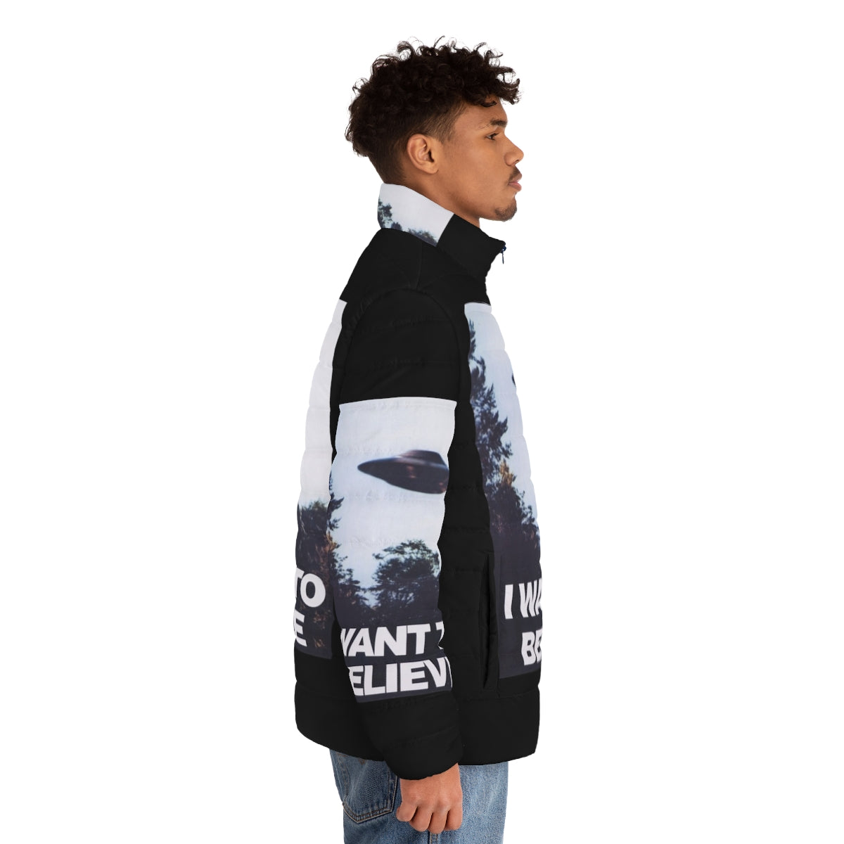 Paranormal-themed X-Files puffer jacket with "I Want to Believe" graphics - men side right