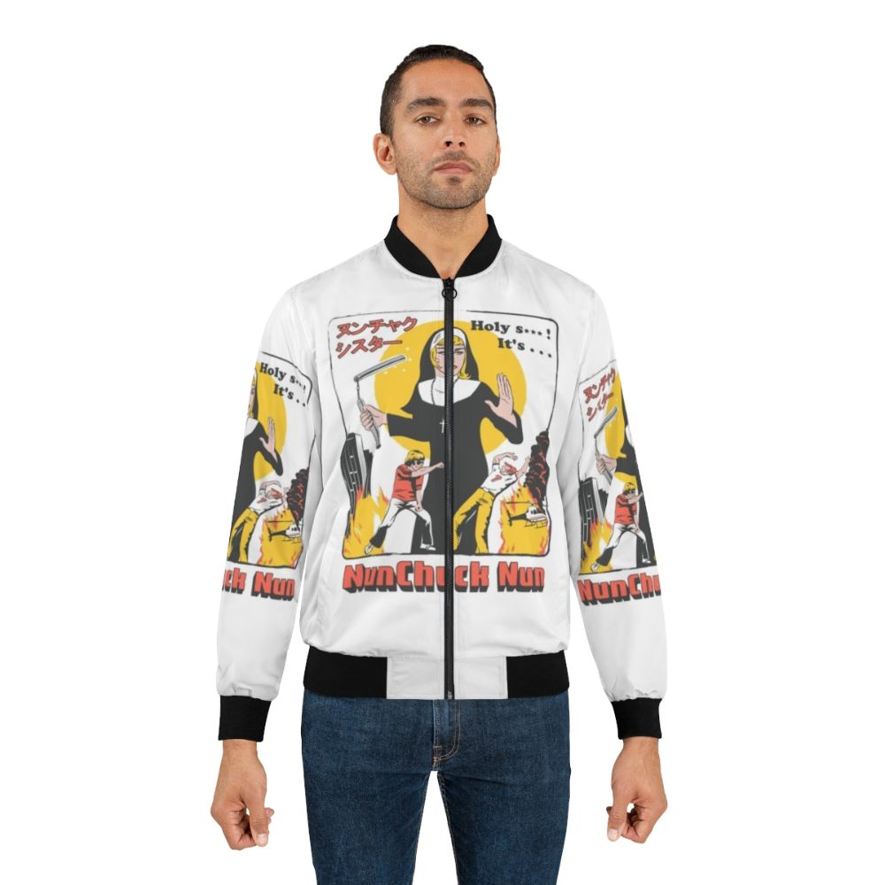 A colorful bomber jacket featuring a "Nunchuck Nun" design, a humorous pop culture parody. - Lifestyle