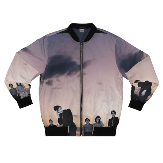 Vintage-inspired Brit rock bomber jacket with retro alternative music graphics