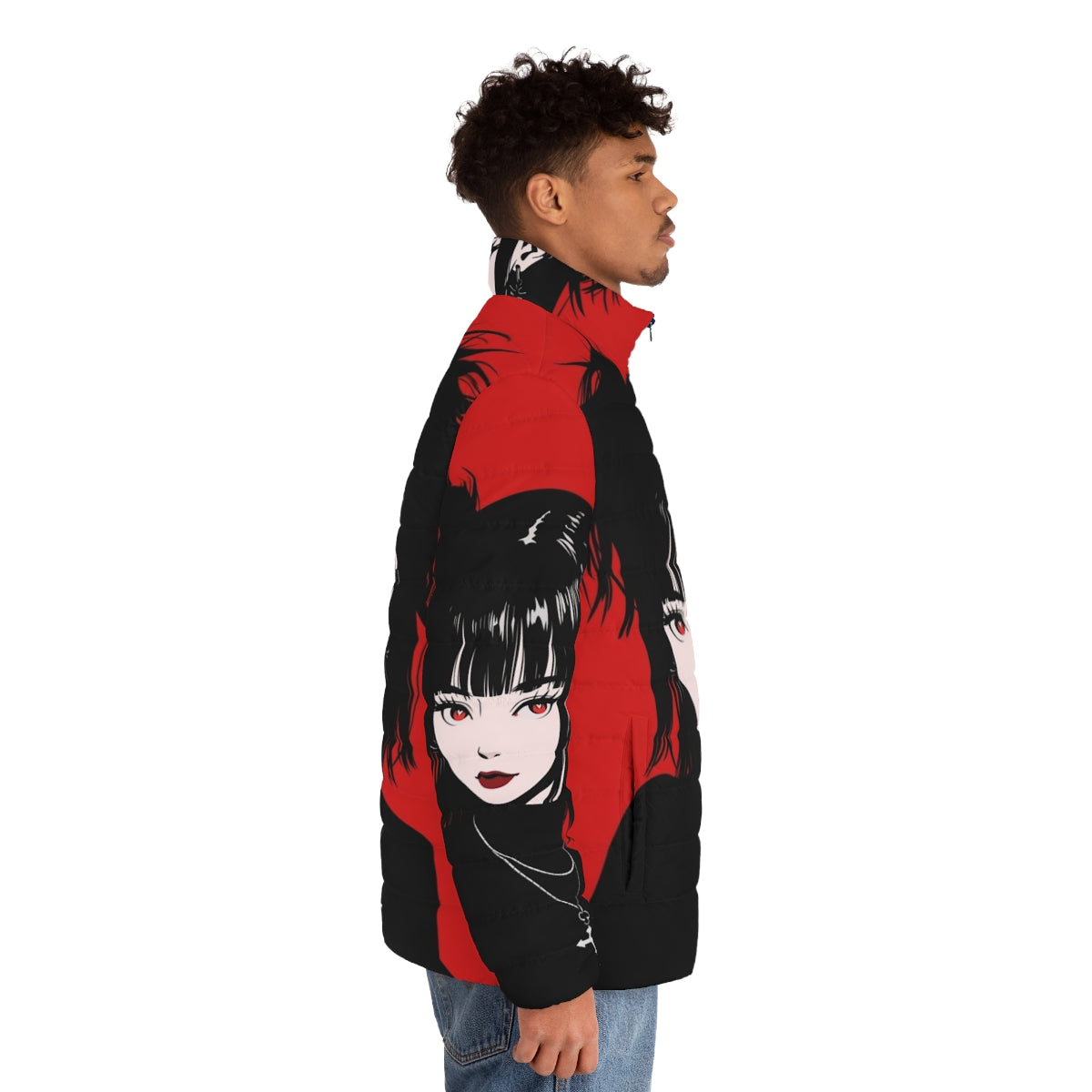 Stylish anime goth girl wearing a black puffer jacket - men side right