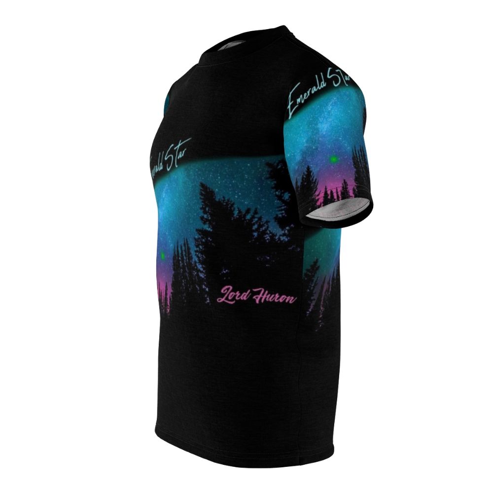 A stylish t-shirt featuring a cosmic galaxy silhouette design, inspired by the music of Lord Huron. - men left