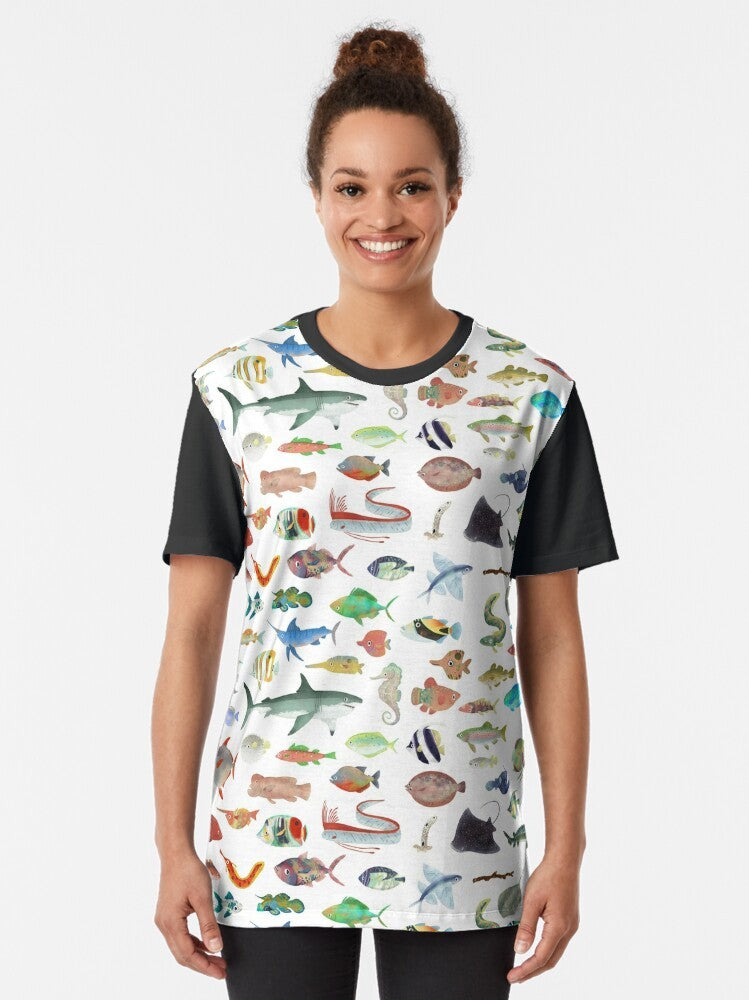 One Hundred Fish Graphic T-Shirt featuring a vibrant marine life design with sharks, whale sharks, and other ocean creatures - Women