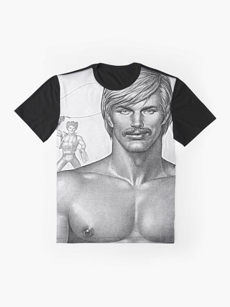 Tom of Finland "Giddy Up Cowboy" graphic t-shirt featuring a muscular gay cowboy illustration - Flat lay