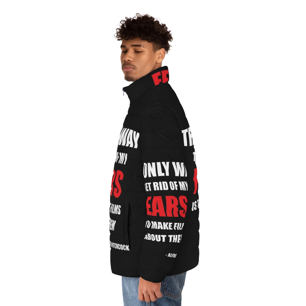 Stylish puffer jacket featuring a classic Alfred Hitchcock quote - men side left