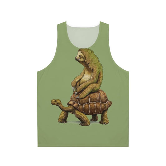 Sloth and turtle graphic on an earth-toned unisex tank top