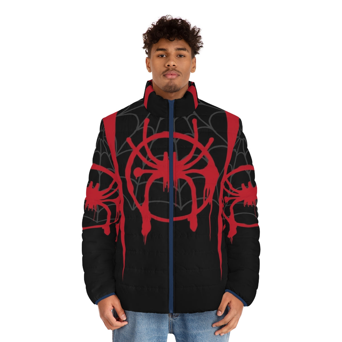 Miles Morales spider-verse puffer jacket with web design - men front