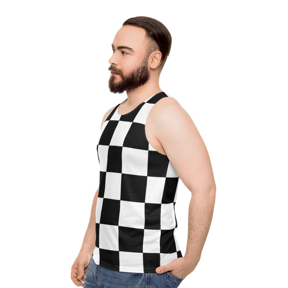 Minimalist checkered unisex tank top in black and white geometric pattern - men side