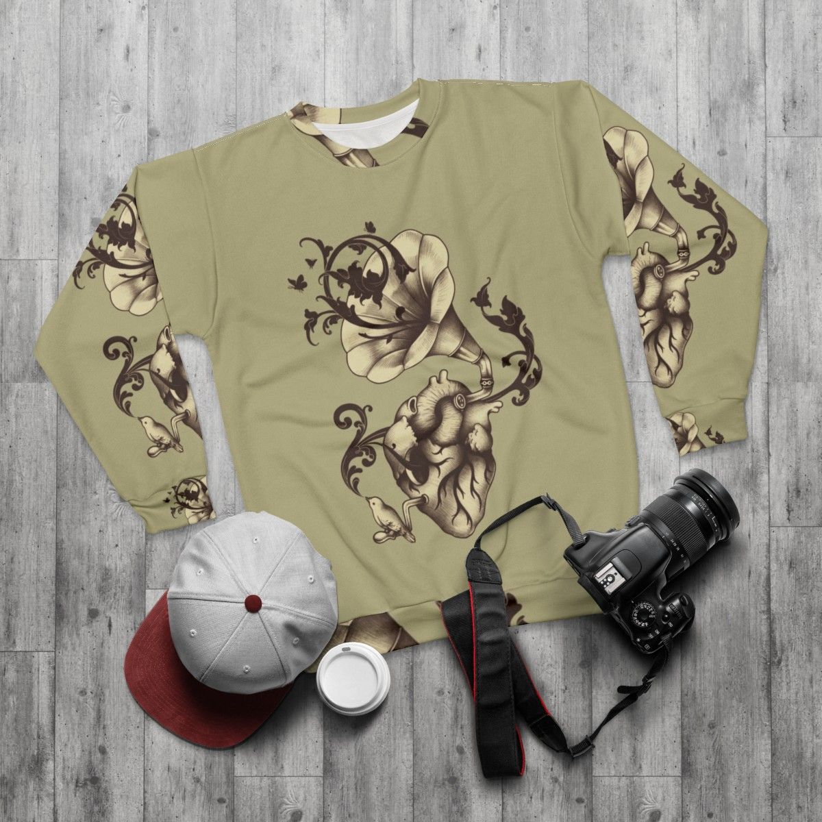 Surreal 'Listen to Your Heart' Sweatshirt featuring heart anatomy, gramophone, bird, and butterfly - flat lay