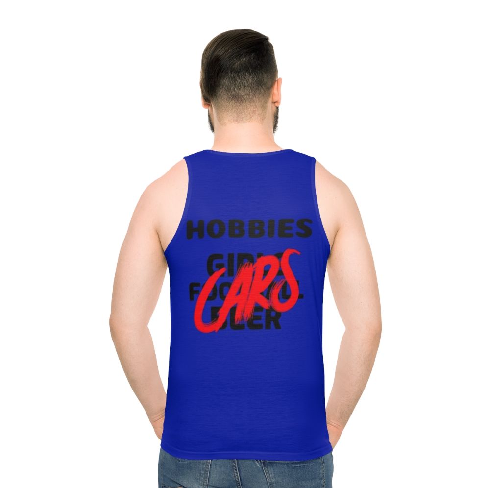 Unisex hobby tank top with car enthusiast and sports designs - men back