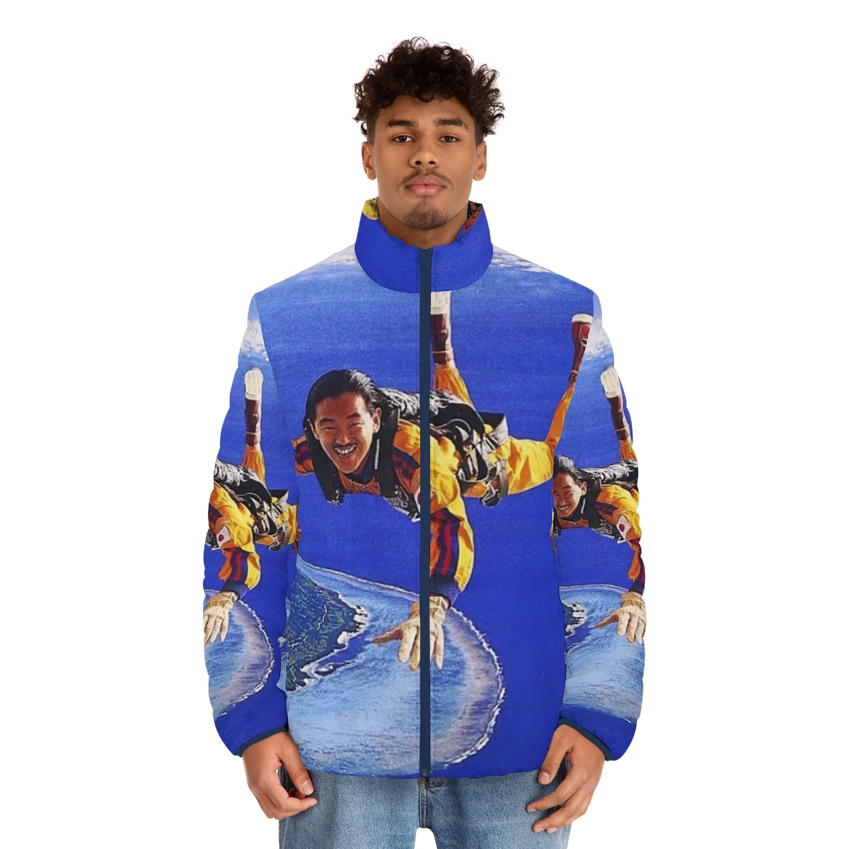 Stylish puffer jacket featuring Masayoshi Takanaka's iconic album cover - men front