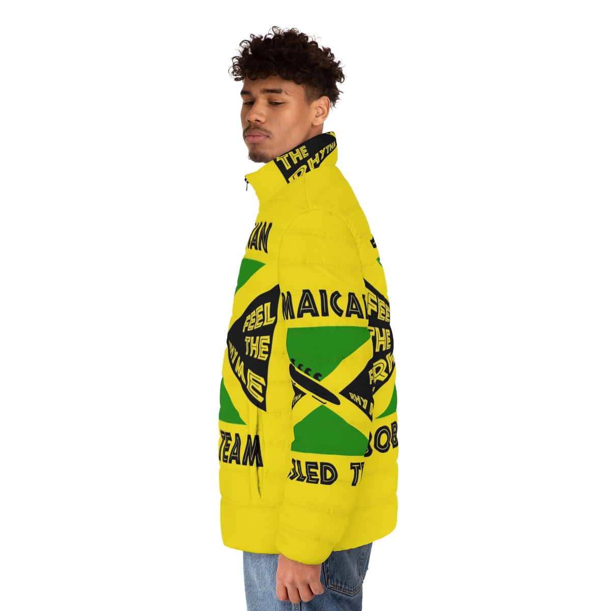 Jamaican bobsled team puffer jacket with retro 90s design inspired by the movie Cool Runnings - men side left