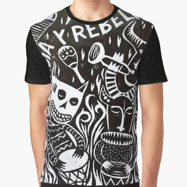 Graphic t-shirt featuring the words "Cumbia and Rebellion" with a Latin American music theme