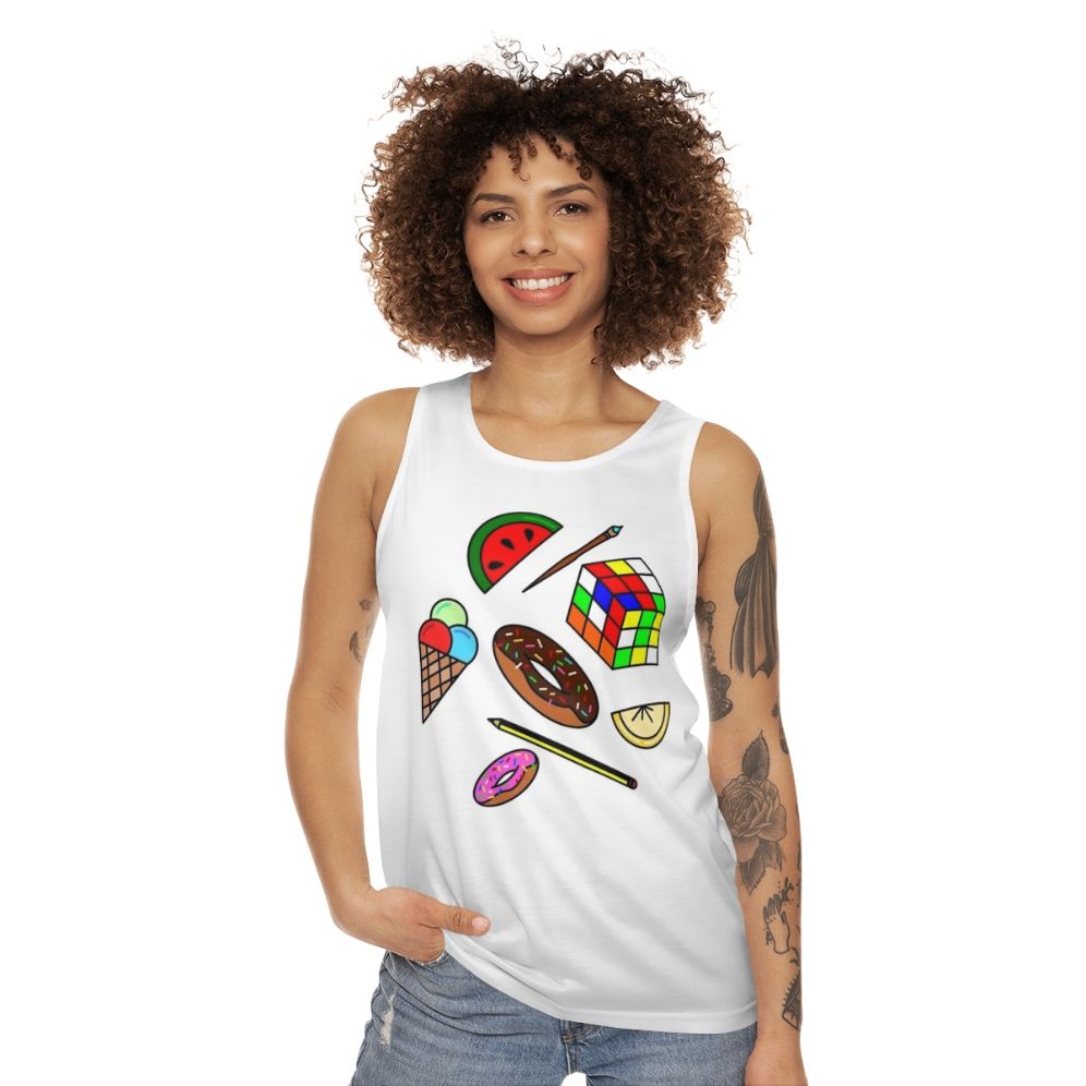 Colorful hobbies and food unisex tank top - women