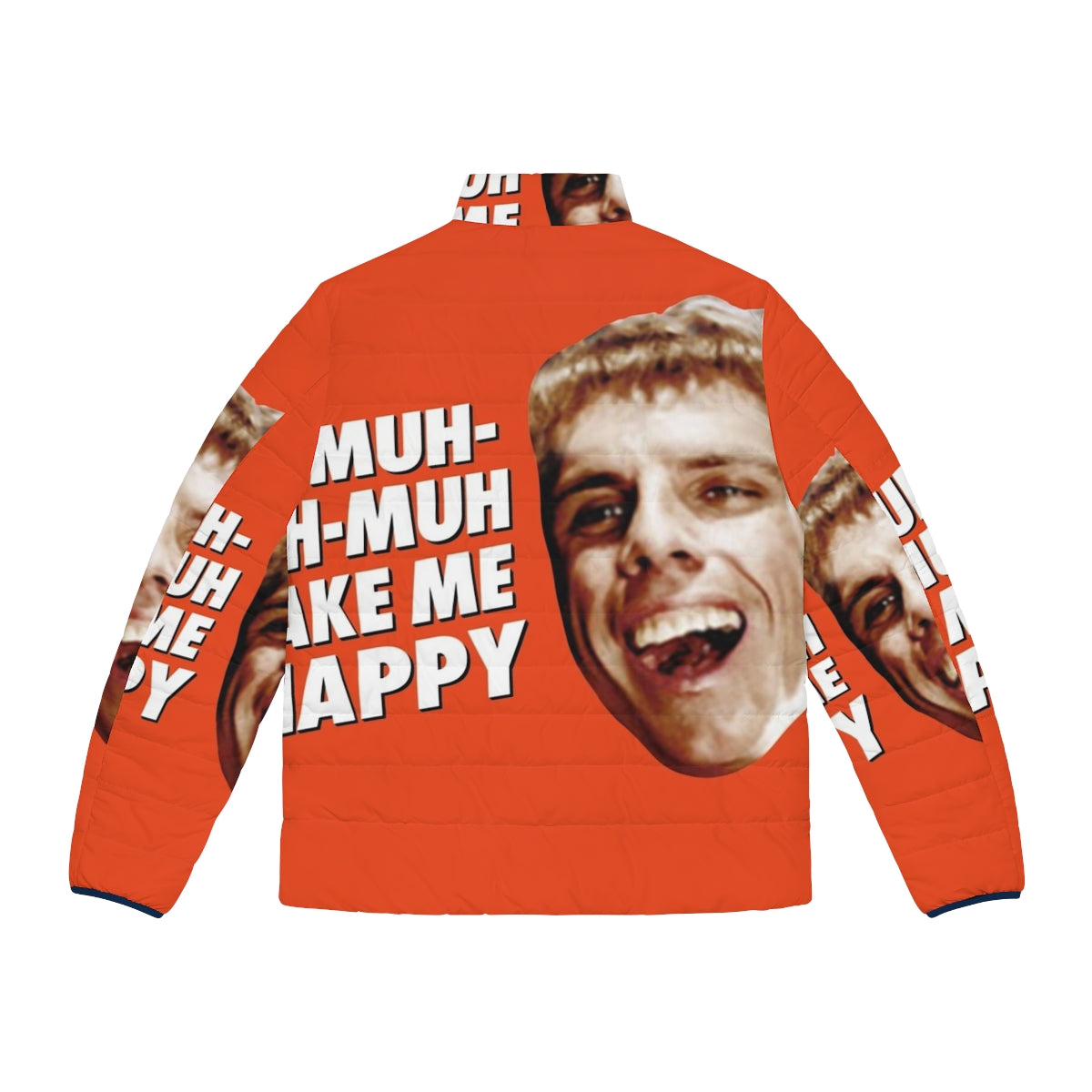 "A puffer jacket featuring the iconic 'Simple Jack' character from the movie Tropic Thunder, a pop culture and comedy reference." - Back