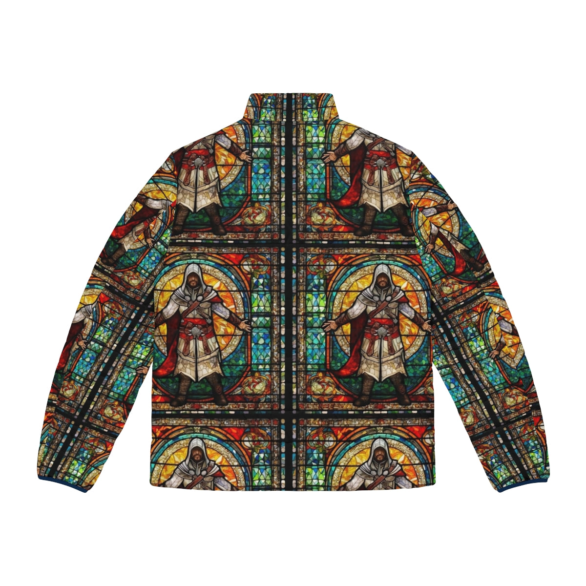 Assassin's Creed Stained Glass Mosaic Puffer Jacket featuring the iconic character Ezio Auditore - Back