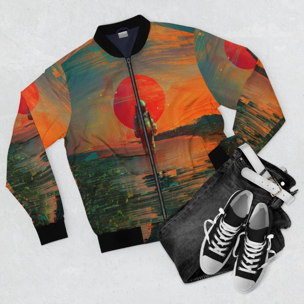 A visually striking space-inspired bomber jacket with surreal graphics and a cosmic design - Flat lay