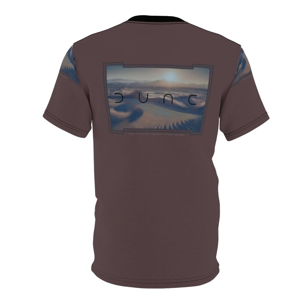 A t-shirt featuring a cinematic design inspired by the sci-fi epic Dune, with a desert landscape and futuristic elements. - Back