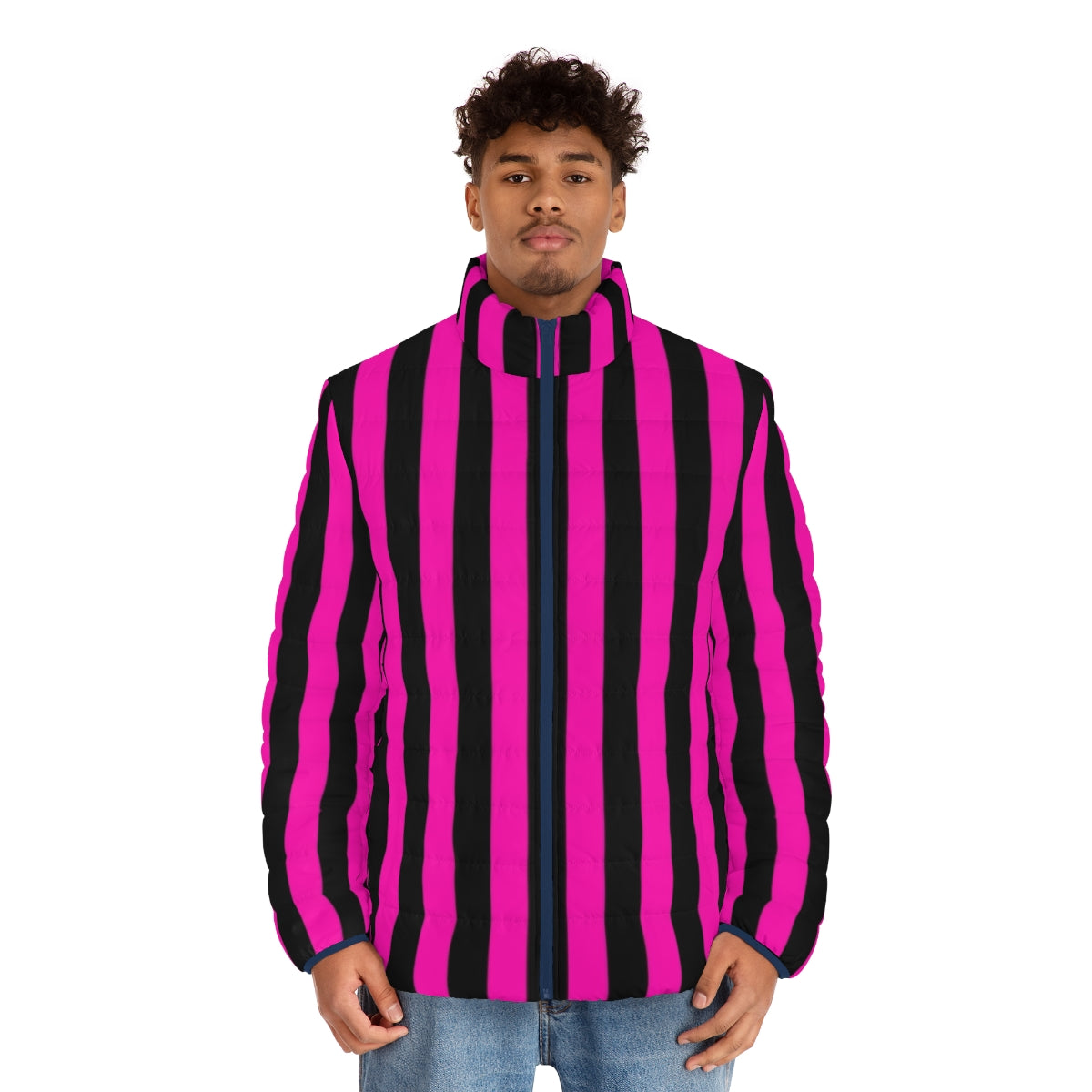 Hot pink and black striped puffer jacket - men front