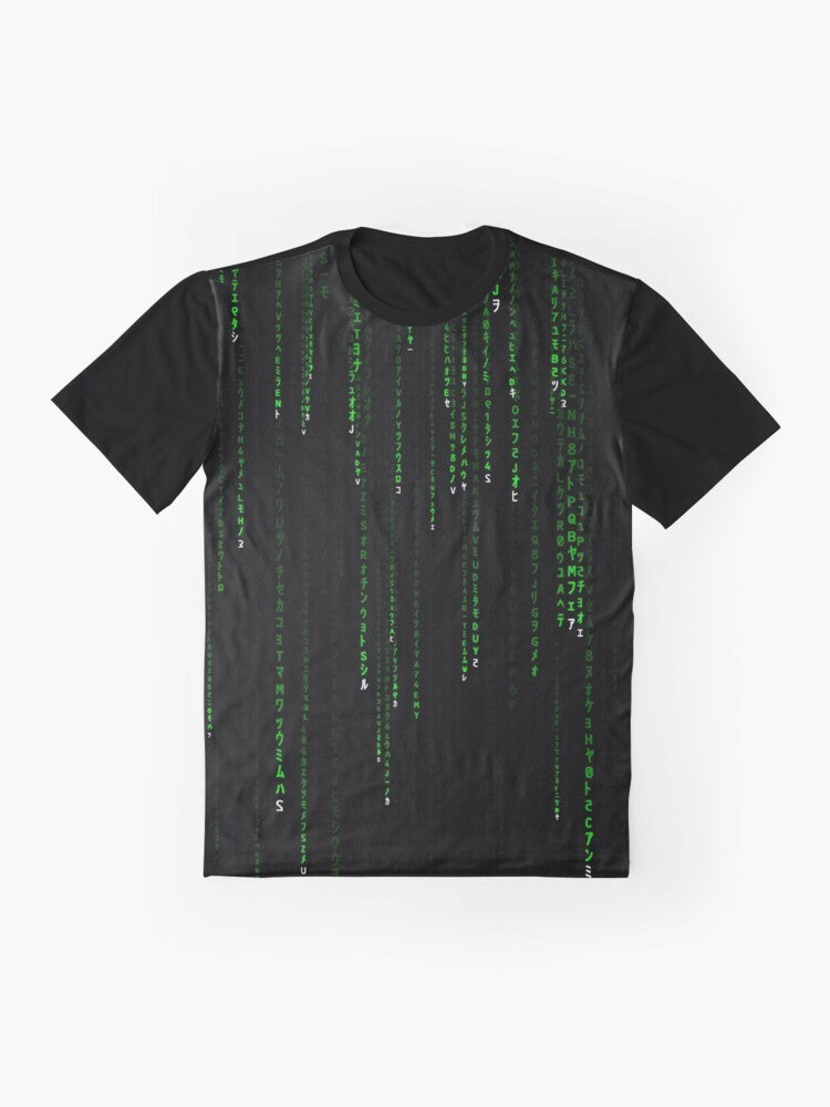 Matrix-inspired green graphic t-shirt with coded design - Flat lay