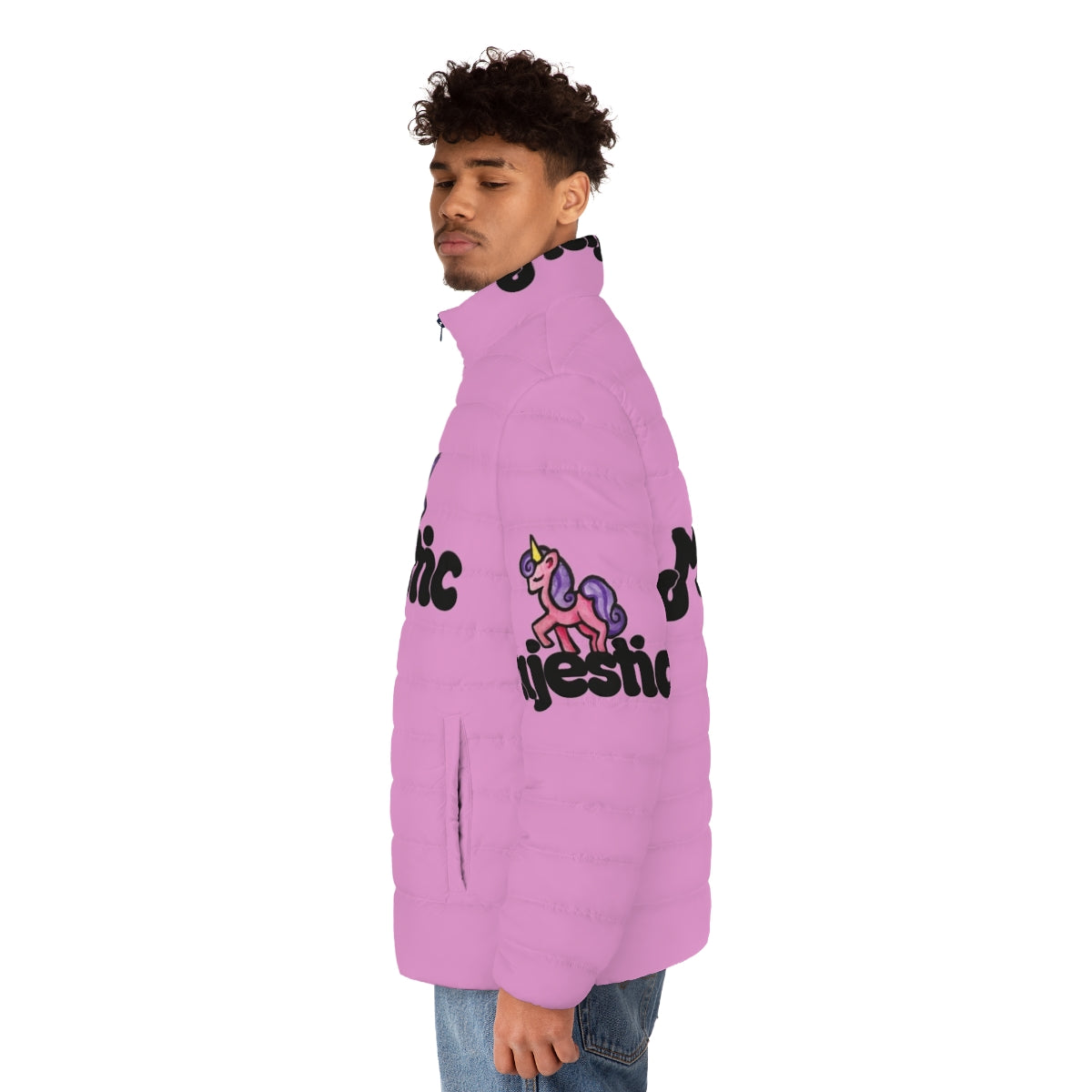 Majestic unicorn puffer jacket in a vibrant pink color with a whimsical unicorn design - men side left