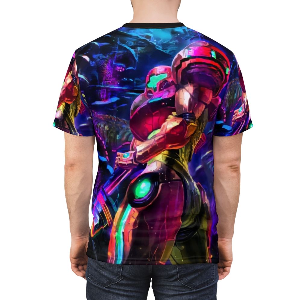 Metroid-inspired graphic t-shirt featuring Samus Aran, the iconic protagonist from the Metroid video game series - men back