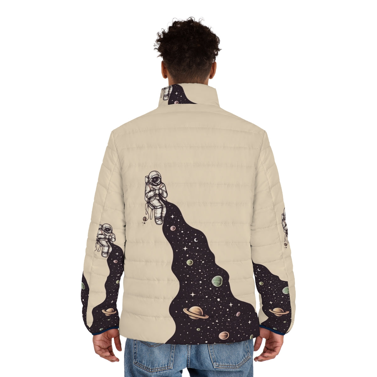 Puffer jacket with cosmic space design featuring astronauts, planets, and stars - men back