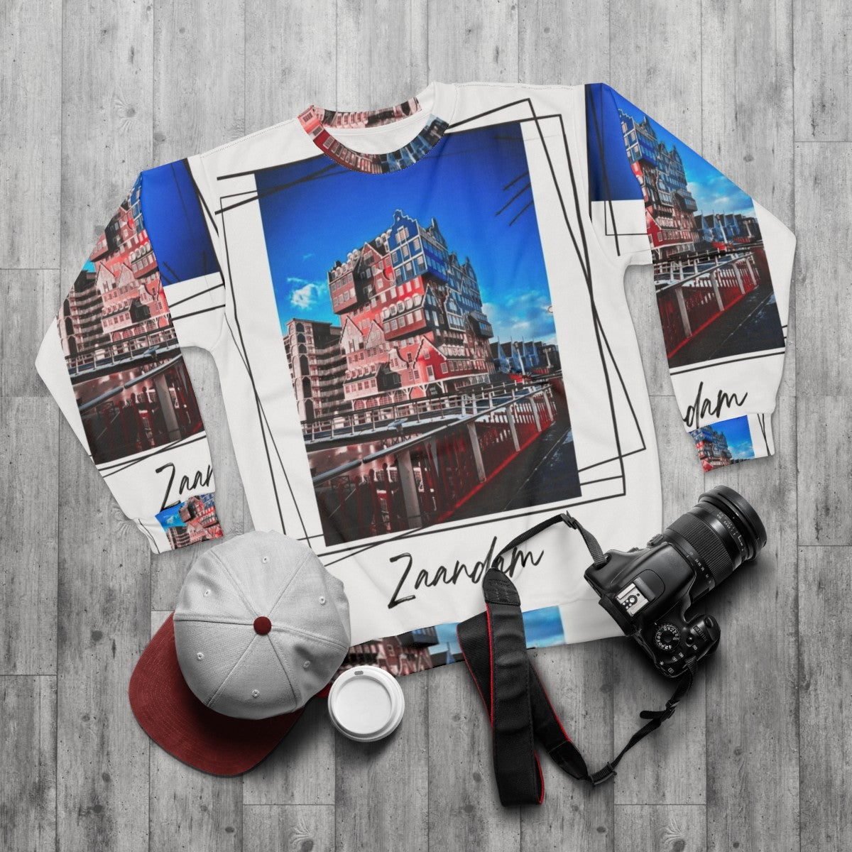 Zaandam city sweatshirt featuring traditional Dutch architecture - flat lay