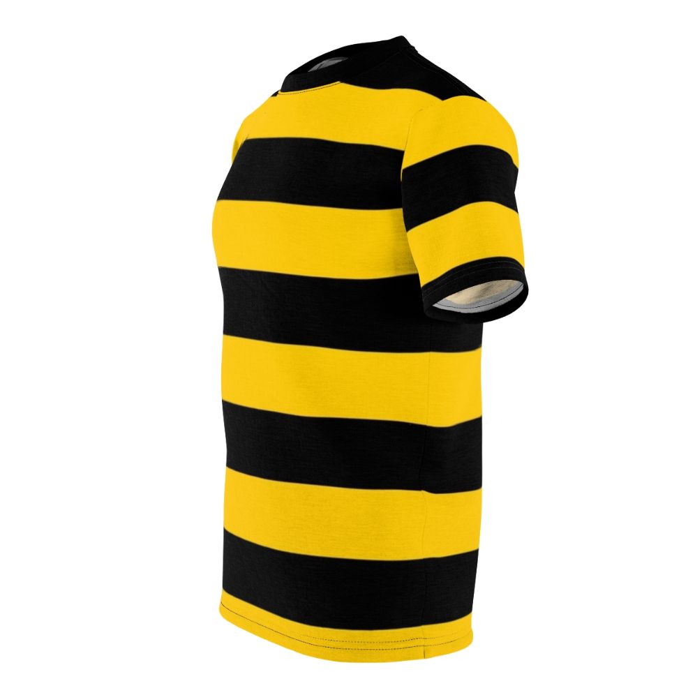 Closeup of a yellow and black striped bee on a t-shirt - men left