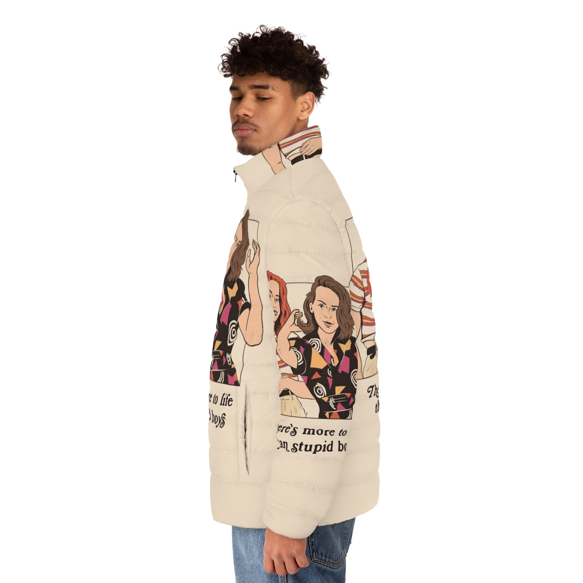 Retro feminist puffer jacket with Stranger Things-inspired design - men side left