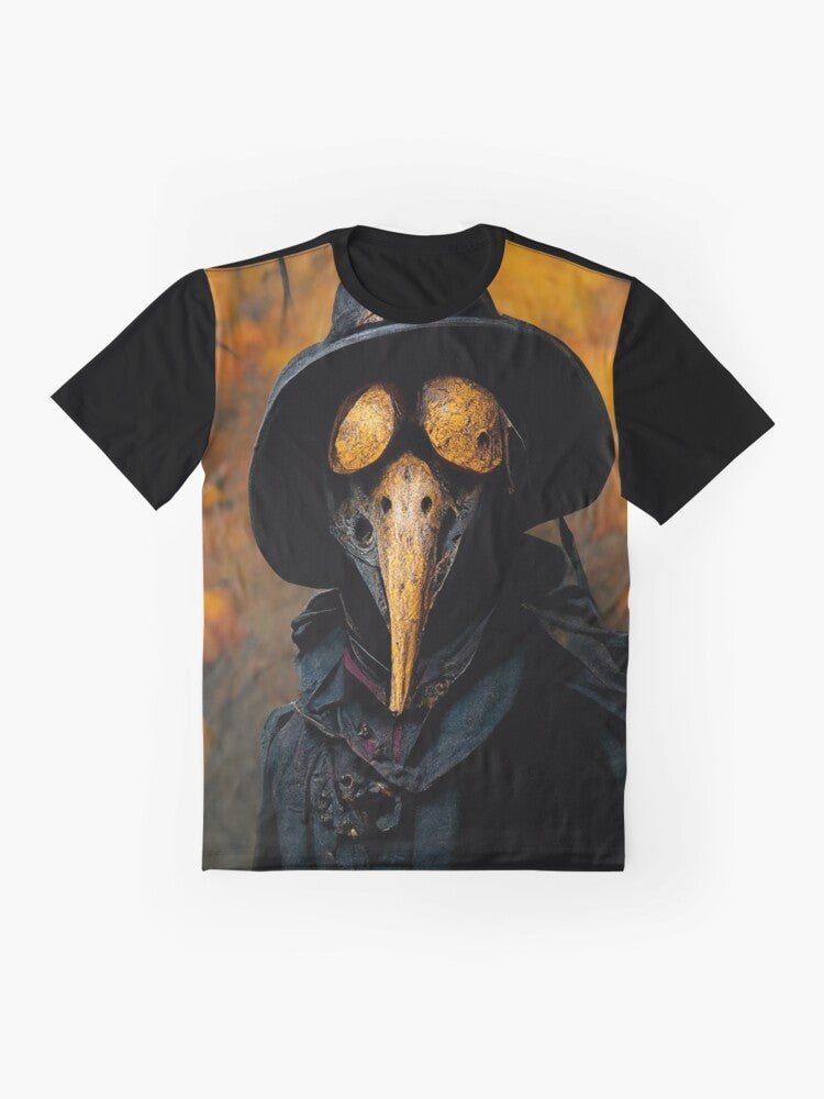 Plague doctor in dark, gothic style Halloween graphic t-shirt - Flat lay