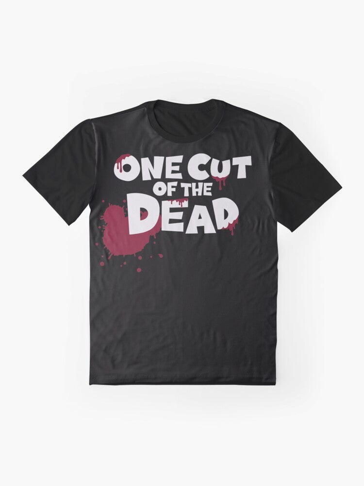 One Cut of the Dead zombie movie graphic t-shirt design with blood splatter - Flat lay