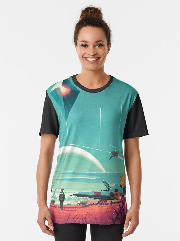 No Man's Sky Horizon Graphic T-Shirt, featuring a space-themed design with a spaceship and galaxy - Women