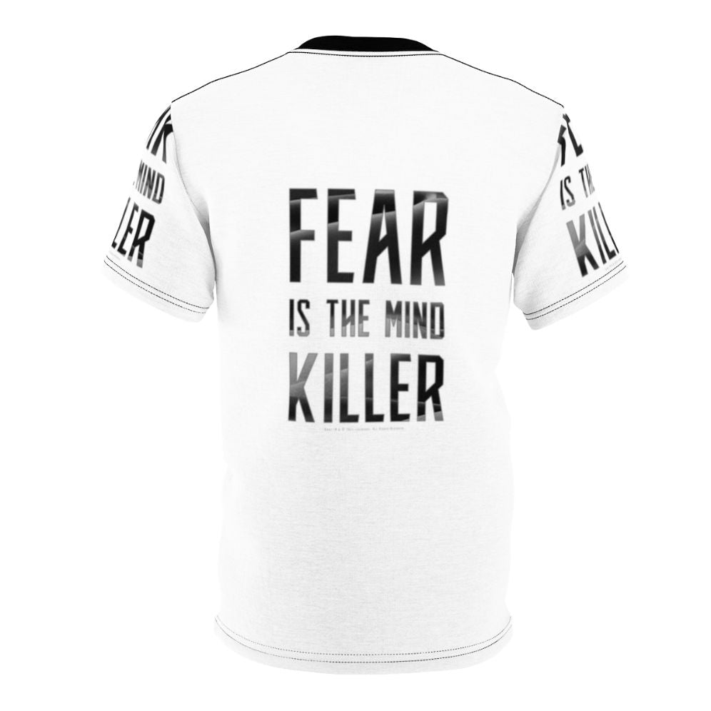 Dark t-shirt featuring the iconic "Fear is the mind-killer" quote from the Dune sci-fi universe. - Back